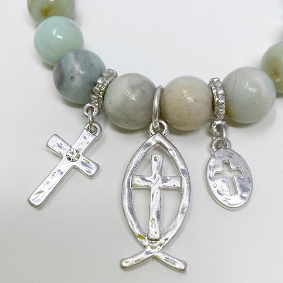 Blue Beaded Stretch Bracelet w/Cross, Fish Cross Ichthus Charms - Picture 3 of 4